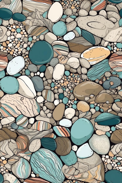 Seamless tile pattern background with a variety of rocks and pebbles