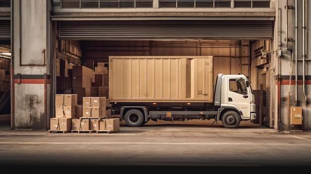 Seamless transportation A truck at a distribution center handling loaded cardboard boxes Generative AI