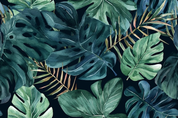 Seamless tropical leaves background Monstera strelitzia palms Watercolor jungle pattern Generative ai