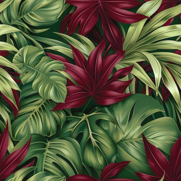 Photo seamless tropical leaves pattern deep red marble background wallpaper design