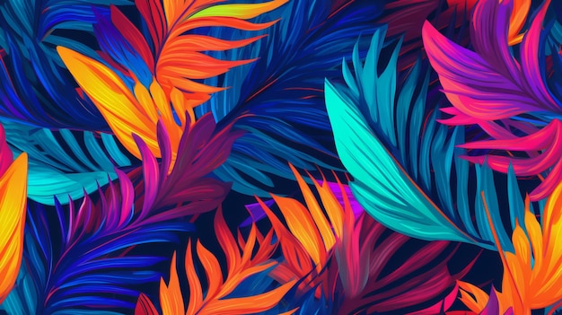 Seamless Tropical Neon Leaves Pattern