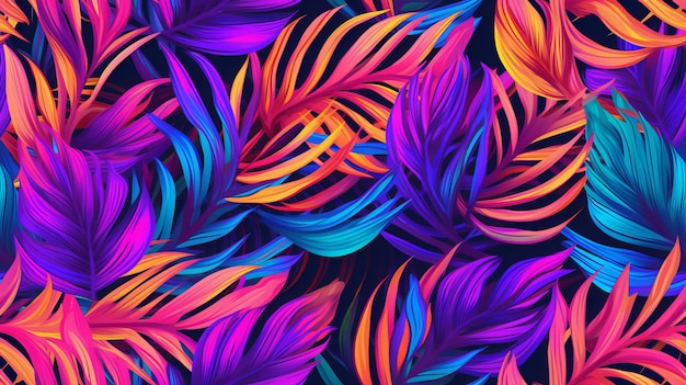 Seamless Tropical Neon Leaves Pattern