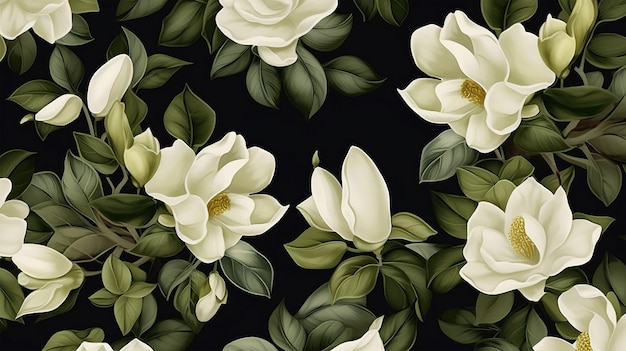 Seamless tropical pattern Gardenia flowers and leaves on black background Wallpaper textile