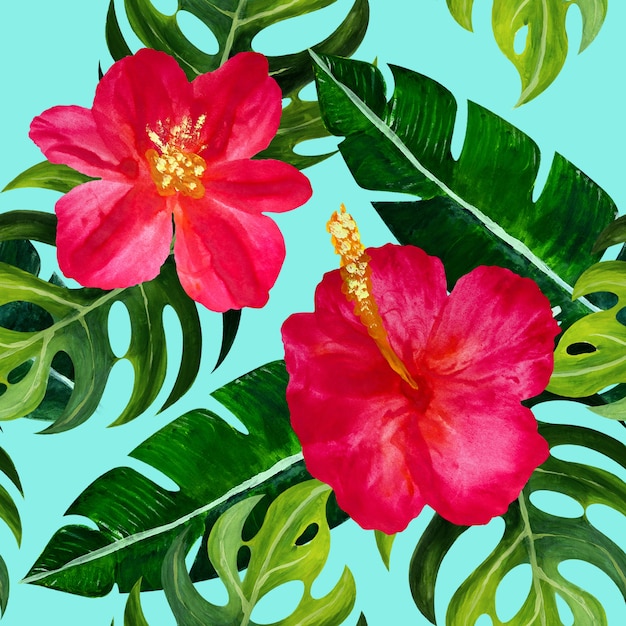 Seamless tropical pattern with flowers.