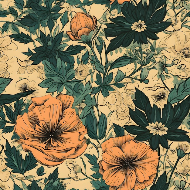 Seamless vintage retro flower pattern ai generative illustration