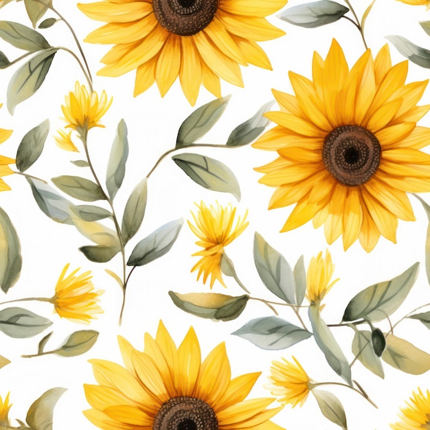 Seamless water color sun flower with leaf pattern on white background