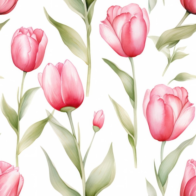 Seamless water color tulip with leaf pattern on white background