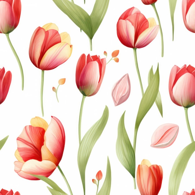 Seamless water color tulip with leaf pattern on white background