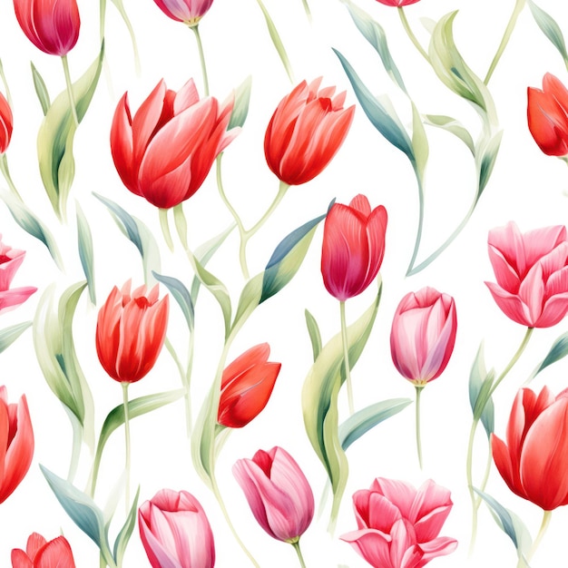 Seamless water color tulip with leaf pattern on white background