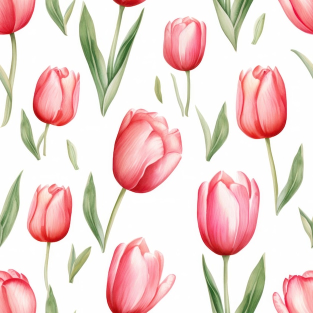 Seamless water color tulip with leaf pattern on white background