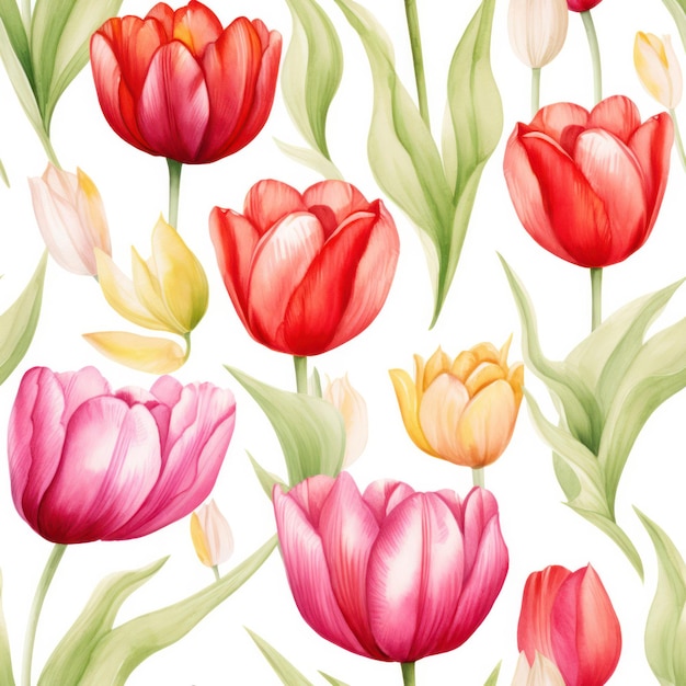 Seamless water color tulip with leaf pattern on white background