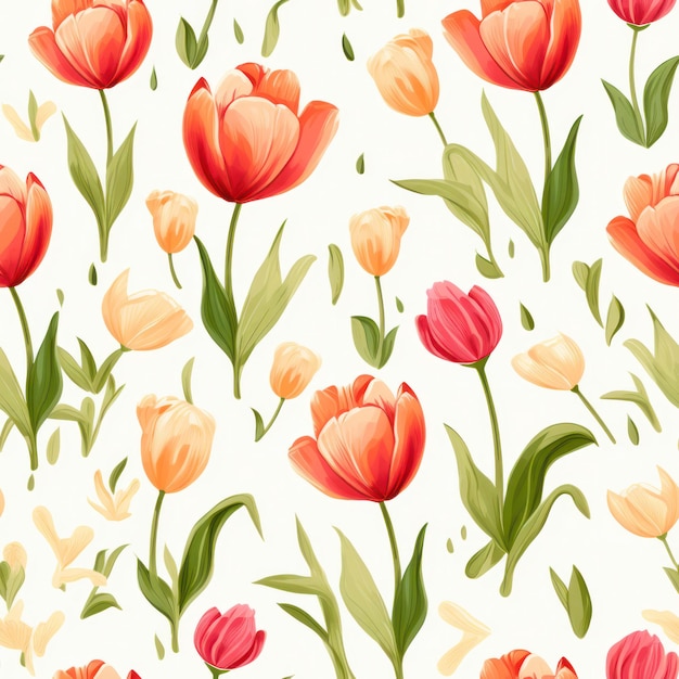 Seamless water color tulip with leaf pattern on white background