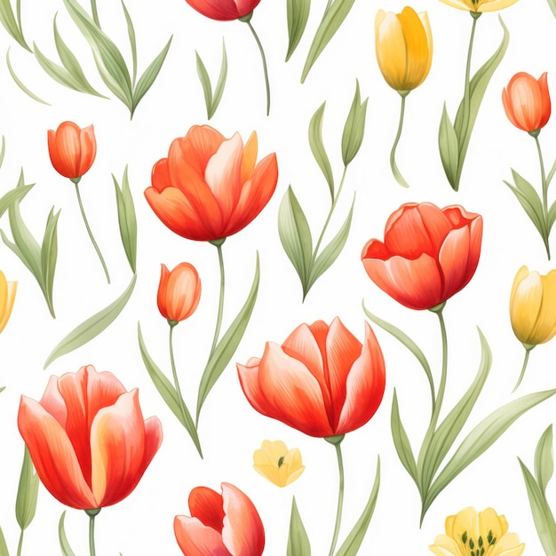 Seamless water color tulip with leaf pattern on white background