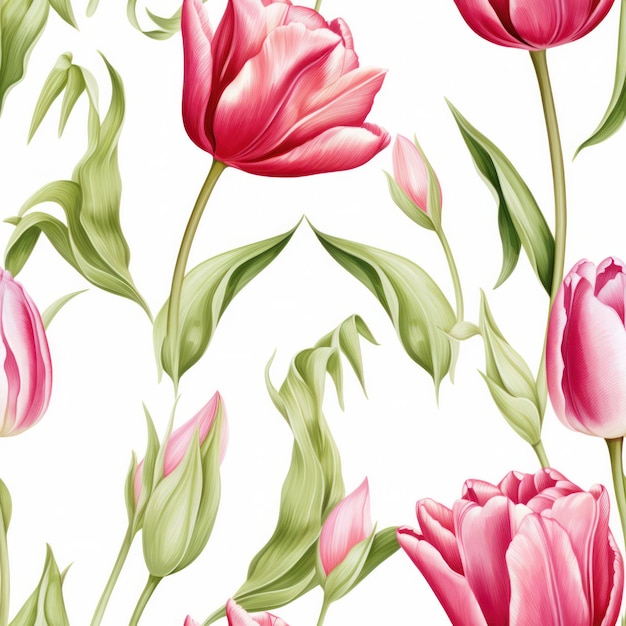 Seamless water color tulip with leaf pattern on white background