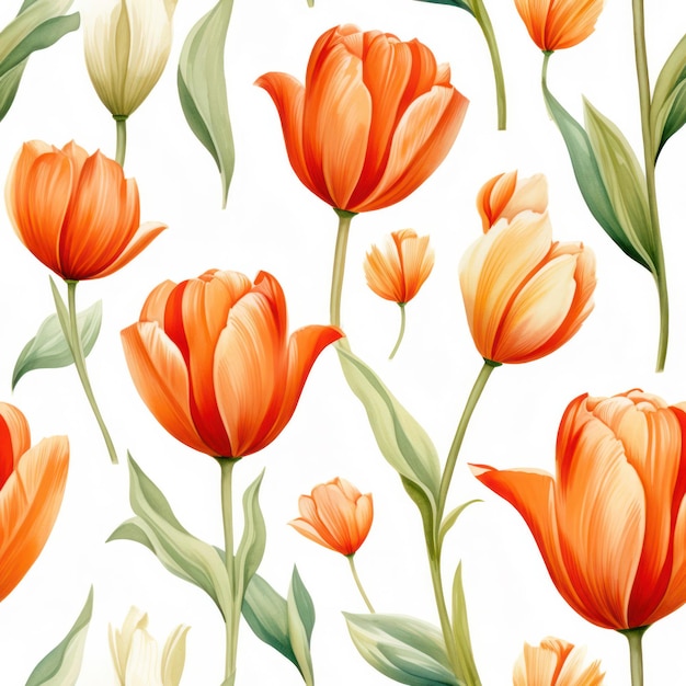 Seamless water color tulip with leaf pattern on white background