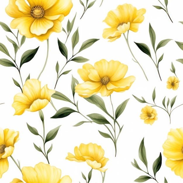 Seamless water color yellow flower with leaf pattern on white background