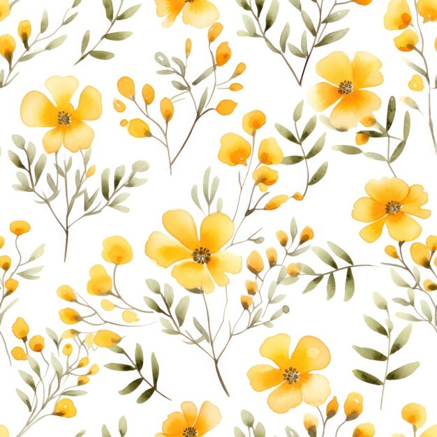 Seamless water color yellow flower with leaf pattern on white background