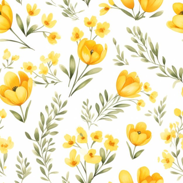 Seamless water color yellow flower with leaf pattern on white background