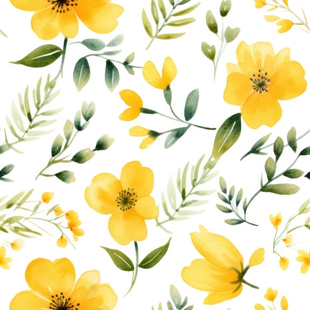 Seamless water color yellow flower with leaf pattern on white background