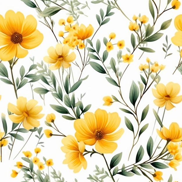 Seamless water color yellow flower with leaf pattern on white background