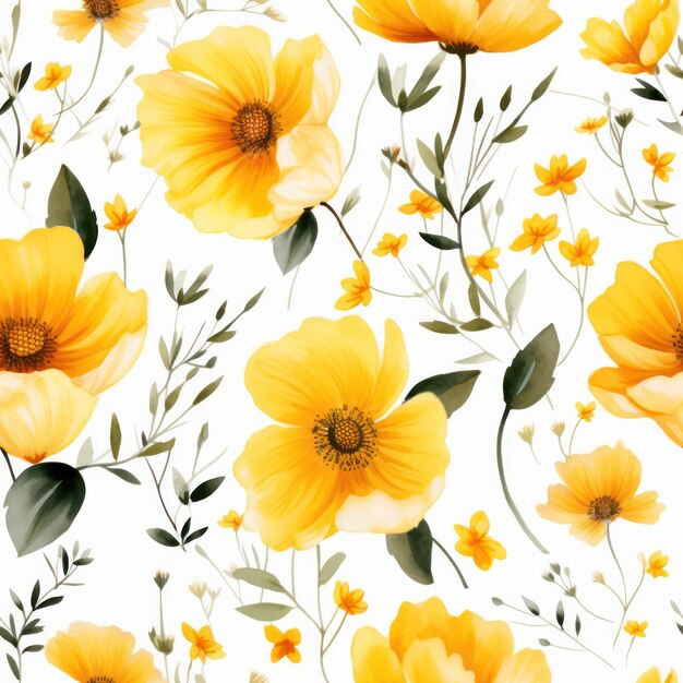 Seamless water color yellow flower with leaf pattern on white background