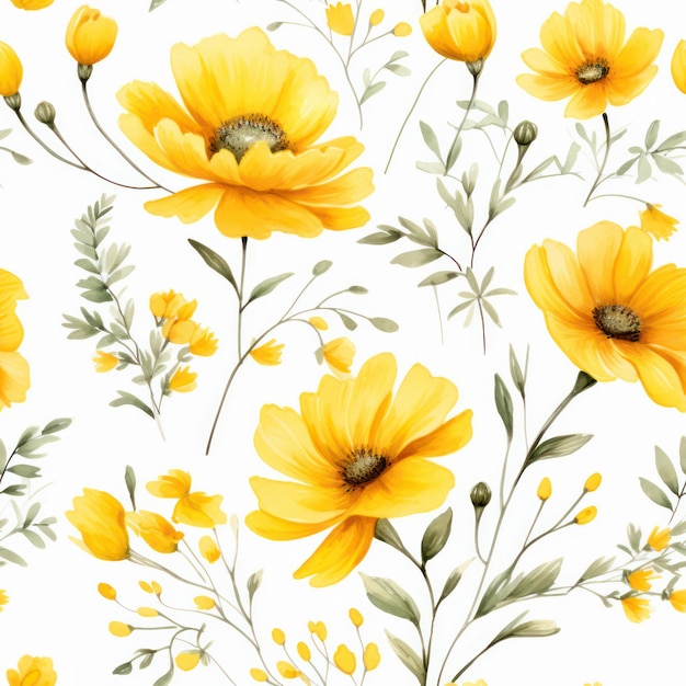 Seamless water color yellow flower with leaf pattern on white background