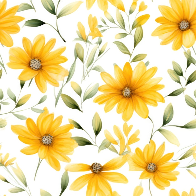 Seamless water color yellow flower with leaf pattern on white background