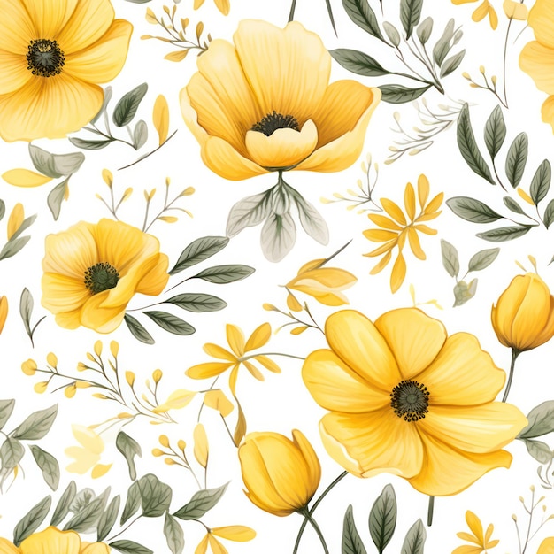 Seamless water color yellow flower with leaf pattern on white background