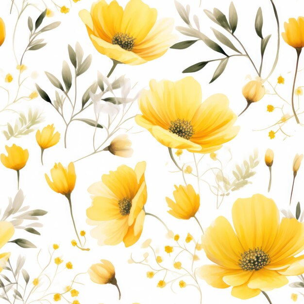 Seamless water color yellow flower with leaf pattern on white background