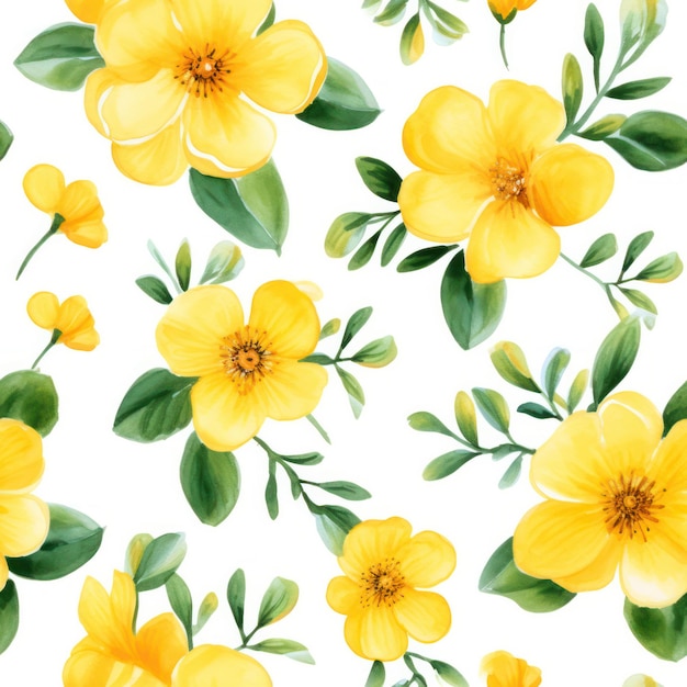 Seamless water color yellow flower with leaf pattern on white background