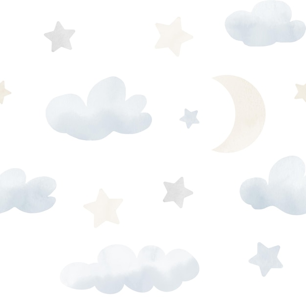 Seamless watercolor Baby Pattern with Clouds Stars and crescent moon Kid background in cute pastel