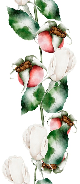 Seamless watercolor border with illustration of blooming wild rose