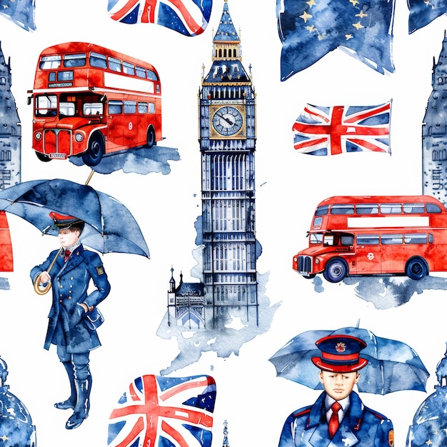 Photo a seamless watercolor design with london landmarks and symbols big ben the tower bridge and the english guard on a white background