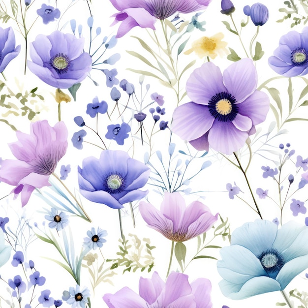 Seamless watercolor flower pattern on white background