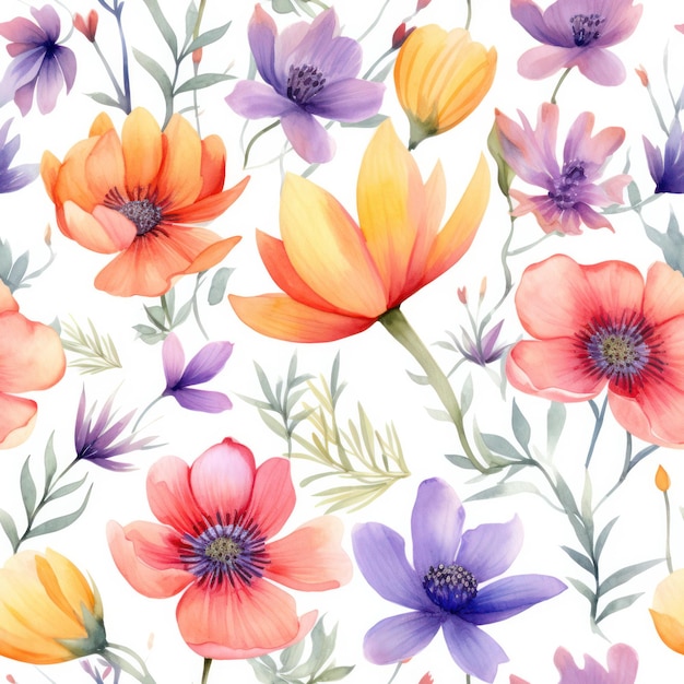 Seamless watercolor flower pattern on white background