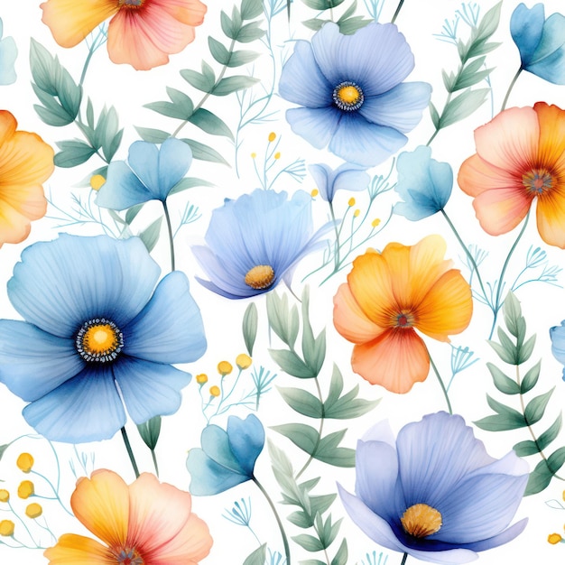 Seamless watercolor flower pattern on white background