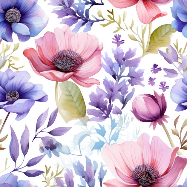 Seamless watercolor flower pattern on white background