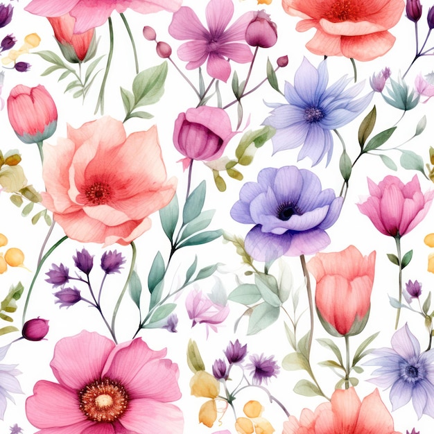 Seamless watercolor flower pattern on white background