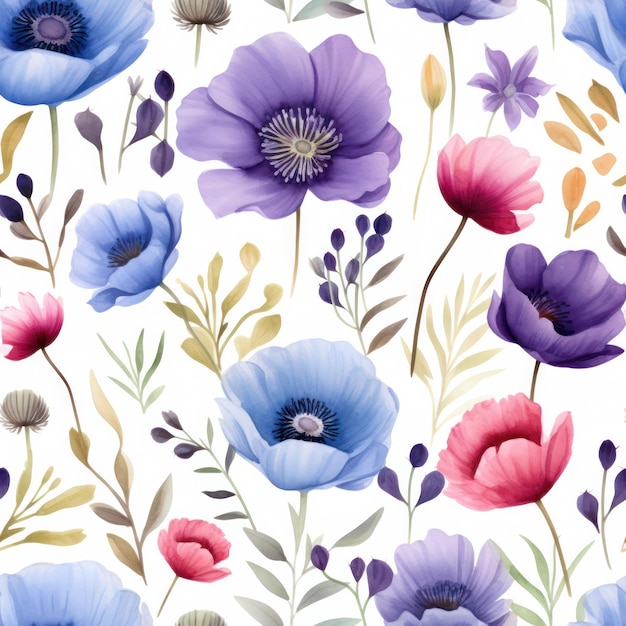 Seamless watercolor flower pattern on white background