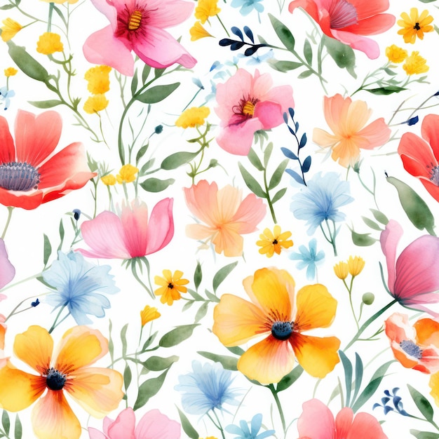 Seamless watercolor flower pattern on white background