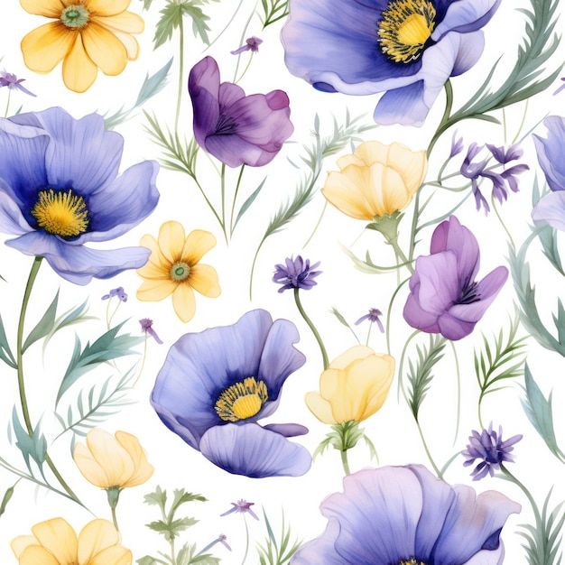 Seamless watercolor flower pattern on white background