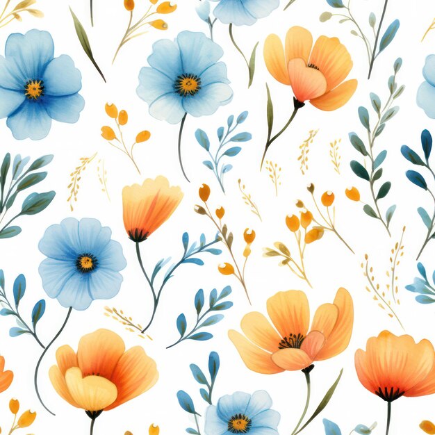 Seamless watercolor flower pattern on white background