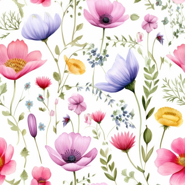 Seamless watercolor flower pattern on white background