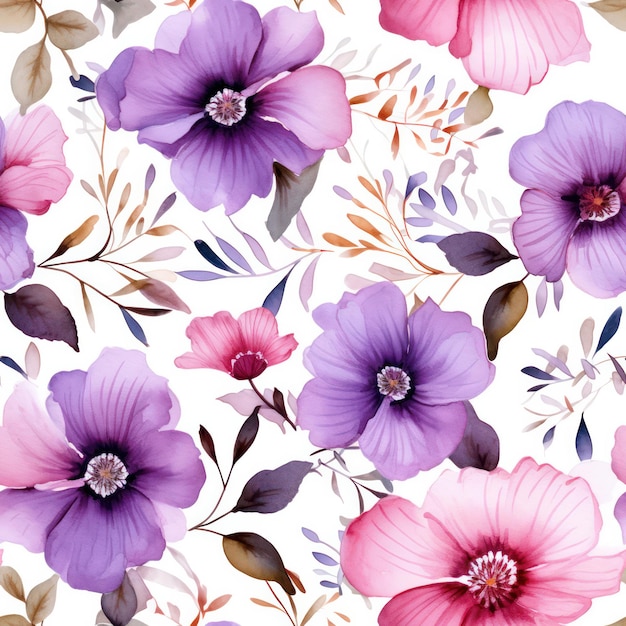 Seamless watercolor flower pattern on white background