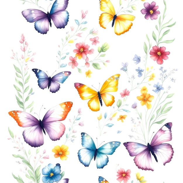 Seamless watercolor natural pattern of butterflies with floral and herbal elements Ai generative art