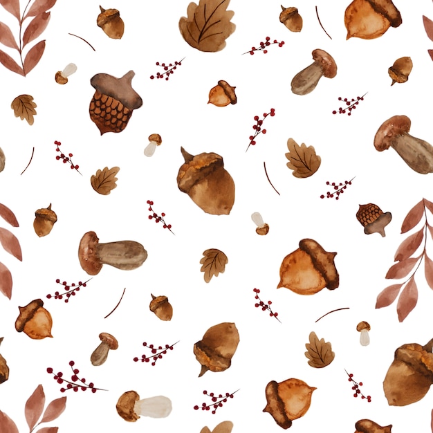 Seamless watercolor paint background of dry leaves and mushrooms