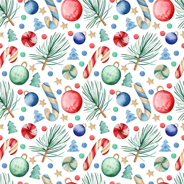 Photo seamless watercolor pattern christmas tree branches candy canes stylized christmas trees and