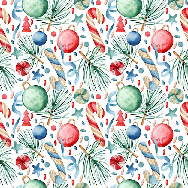 Photo seamless watercolor pattern cute red blue candy canes christmas tree toys christmas tree branches