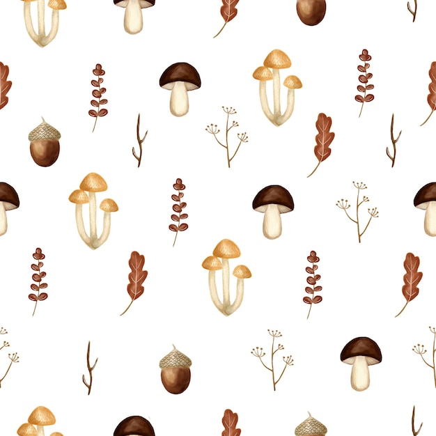 Seamless watercolor pattern Cute woodland mushrooms leaves and brunches on white background