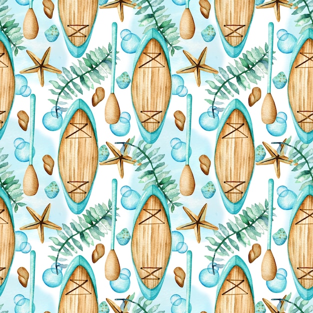 Photo seamless watercolor pattern handpainted surfboard paddles seaweed starfish and waves scuba diving